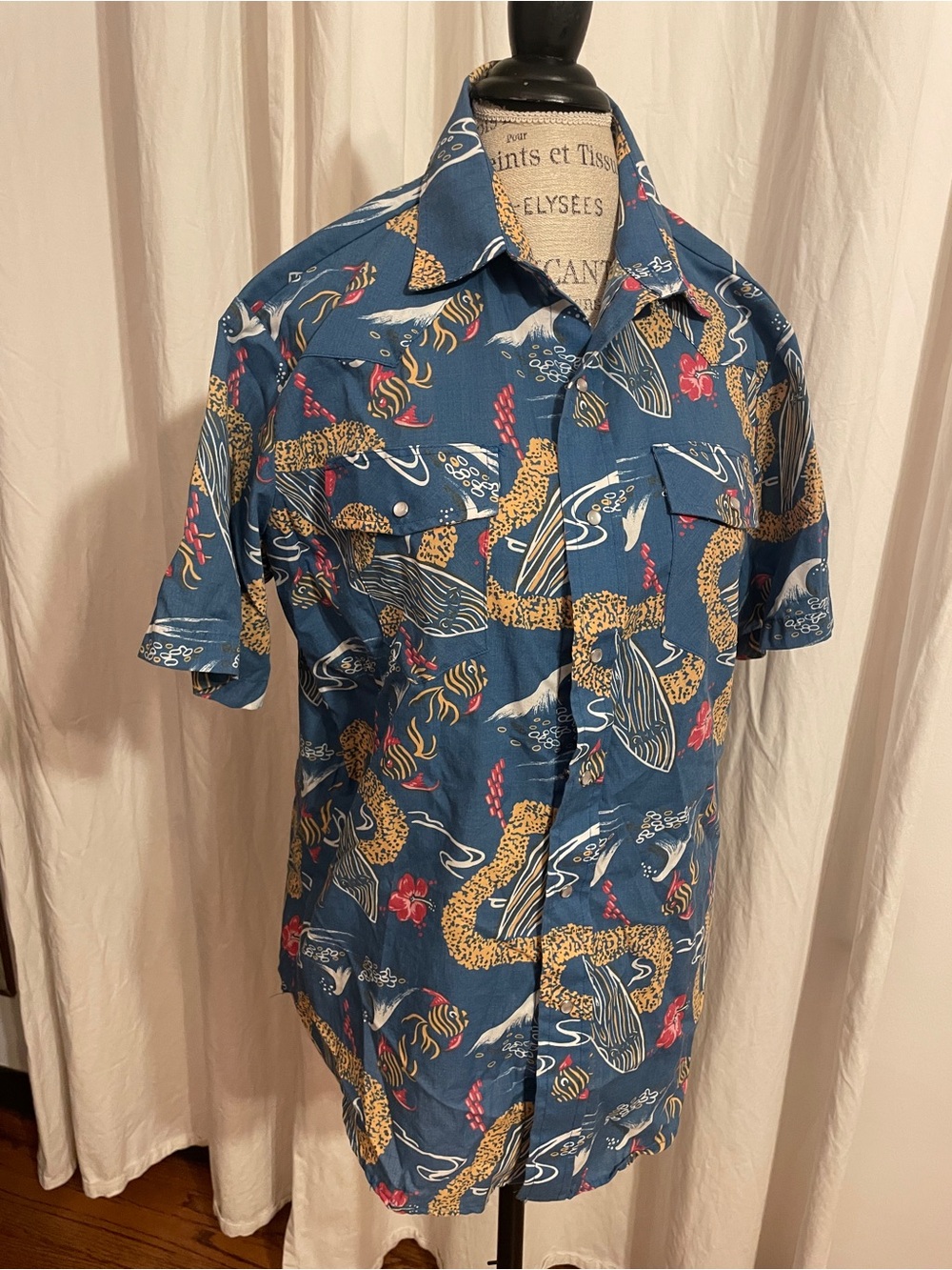 Western Aloha Surfboard Blue Short-Sleeve Pearl snap-front Shirt, Sz L